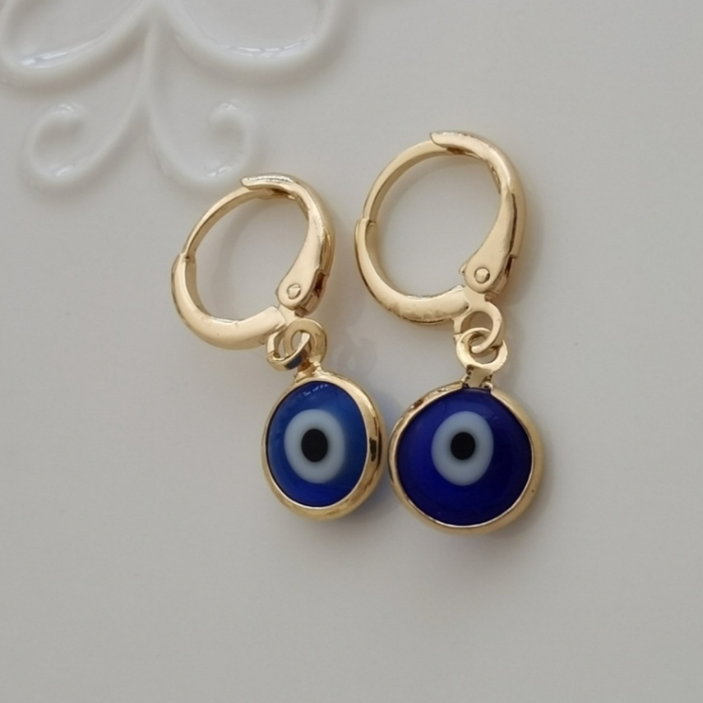 Blue and 14K yellow gold evil eye hoop earrings